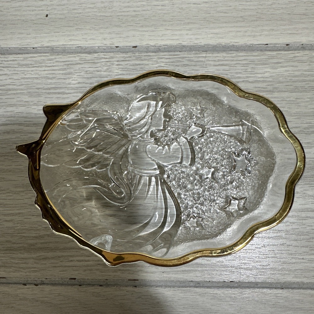 MIKASA‎ Angel Song Glass Christmas Candy Nut Dish Goldtone Trim Vintage 6x4.25"
